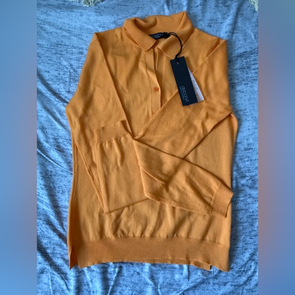 ARAGONA Vibrant Orange Long Sleeve 100% Lightweight Wool Sweater